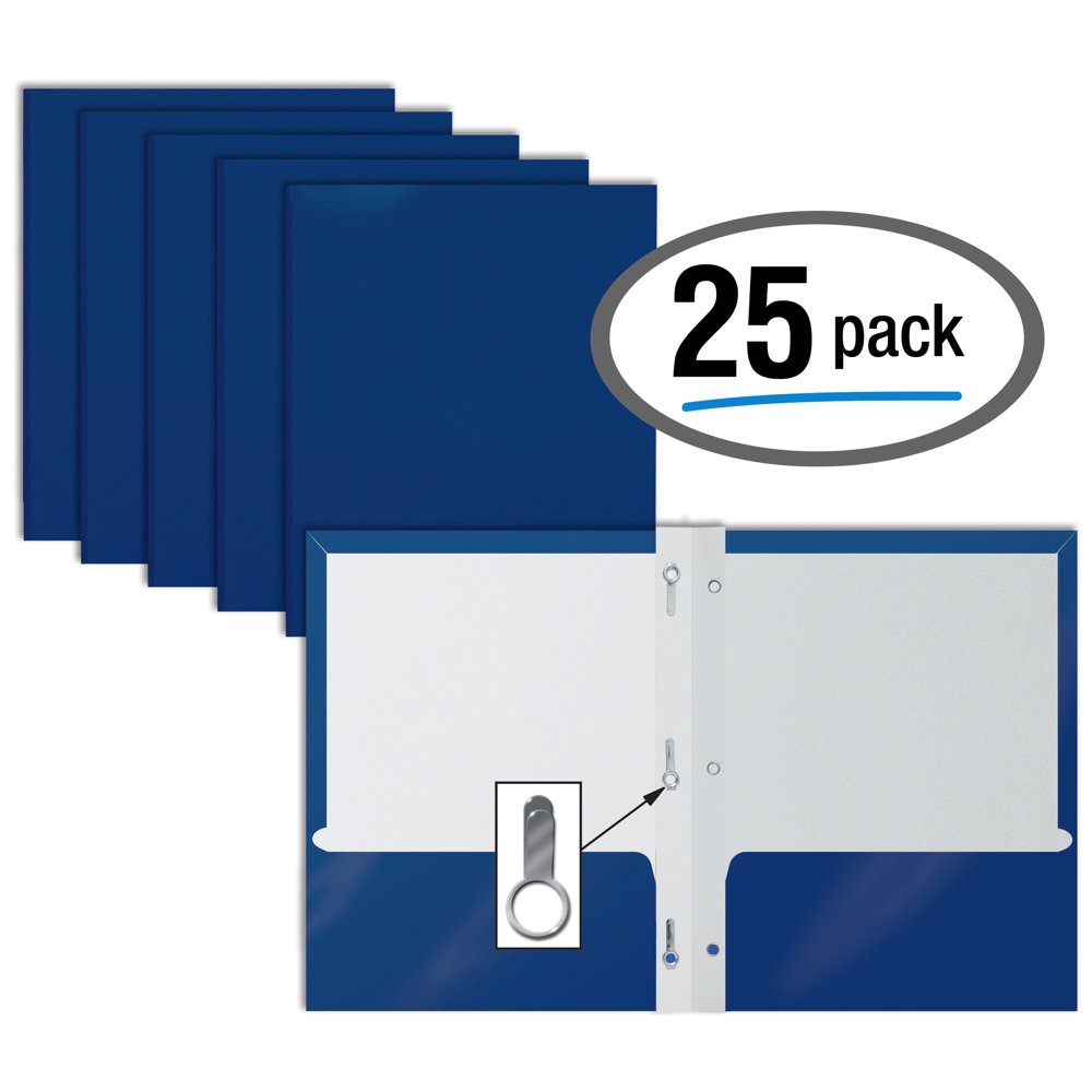 2 Pocket Glossy BLUE Paper Folders with Prongs, by Better Office Products, Letter Size, High