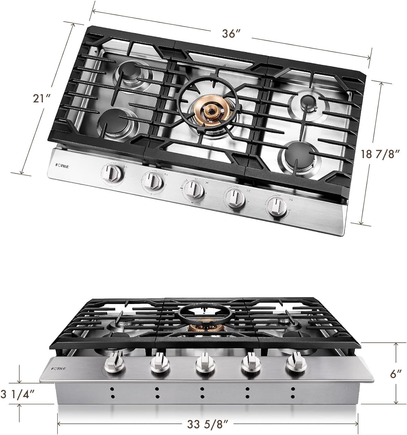 FOTILE Tri-Ring Series 36 Inch Pro Gas Cooktop with 57K total BTU on 5 Burners