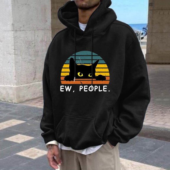 CONZONE Mens Casual Hoodies Long Sleeve Pullover Hoodie for Men Black Cat Graphic Fall Hooded Sweatshirts With Pocket