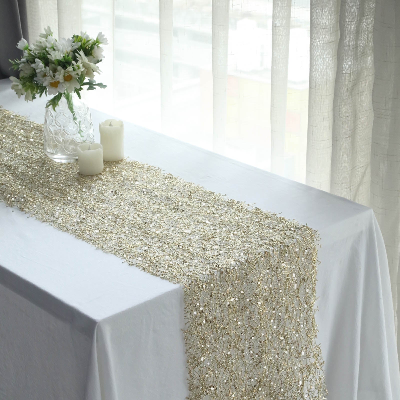 Efavormart 12"x108" Gold Sequin Mesh Schiffli Lace Table Runner