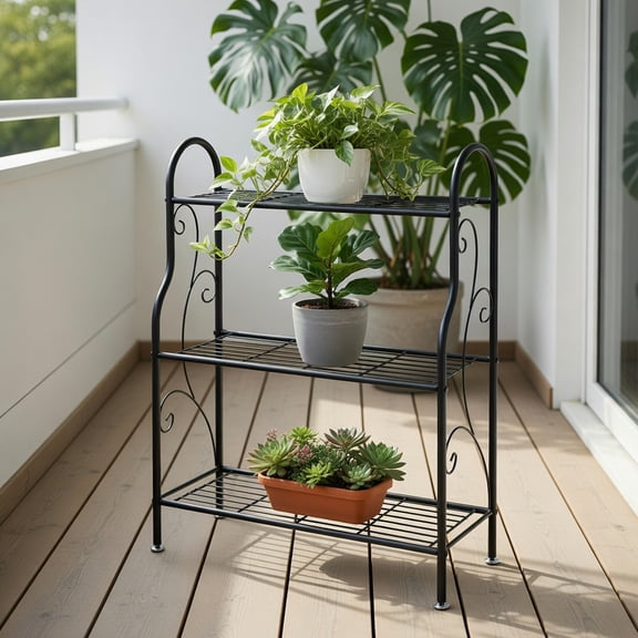 Demifill 3-Tier Scrollwork Designed Metal Plant Stand, Plant Stands, Black
