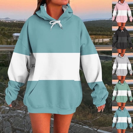 Idoravan Womens Hoodies Womens Lightweight Hoodies Women s Contrasting Blouses Hooded Sweatshirts Long Sleeved Pocket Fashion Top Green M