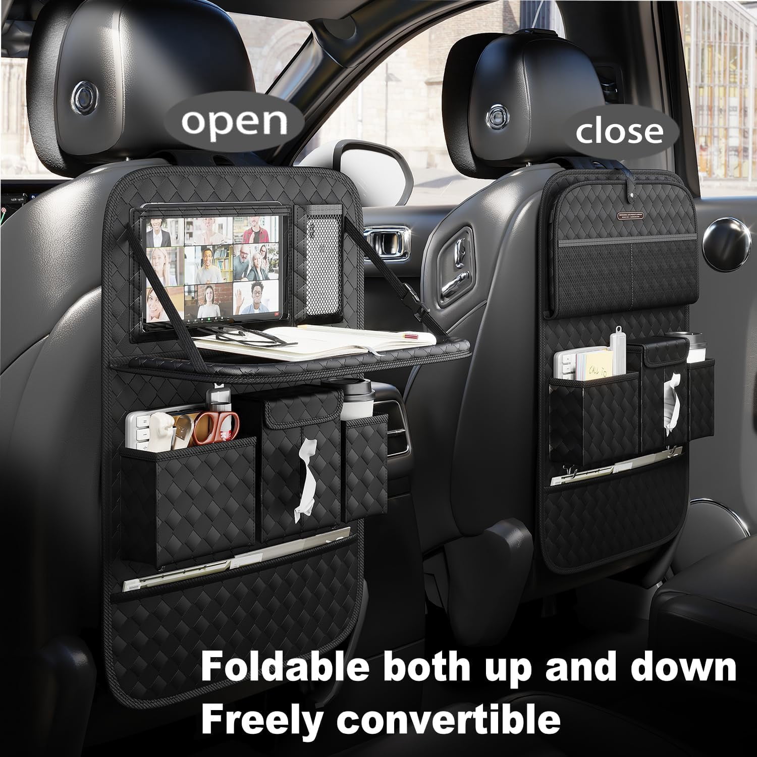 Back Seat Car Organizer 1 Pack,Backseat Organizer with Tray,Multifunctional Car Seat Back Storage Box with Foldable Tablet Holder (Black, Weave)