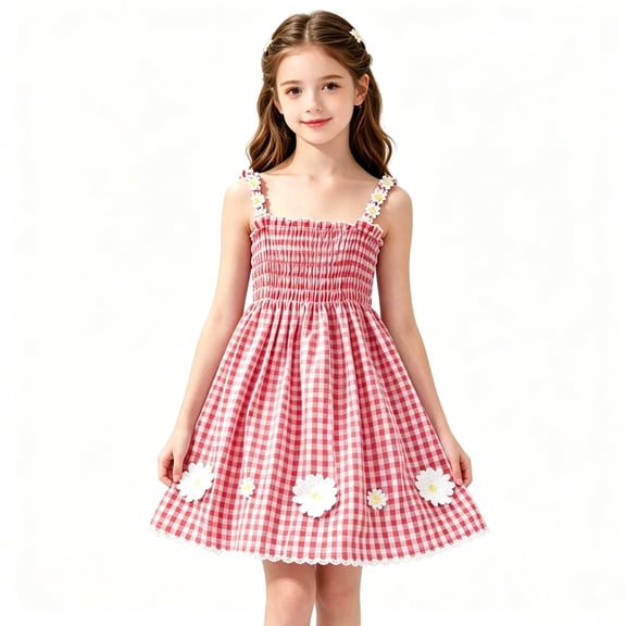NAISIBABY Girls Floral Dress, Summer Cute Sleeveless Plaid Prints Smocked A-Line Casual Sundress Red Size 7