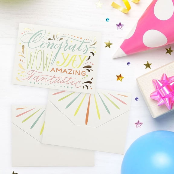 Wow Yay Congrats Gift Card Holders / Colorful All Occasion Celebration 4" x 3" Gift Certificate Holders / 10 Gold Foil Cards
