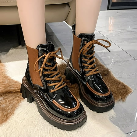 

Ankle Boots Fashion Thick Heel Platform Boots Women Round Toe Lace Up Women Short Boots