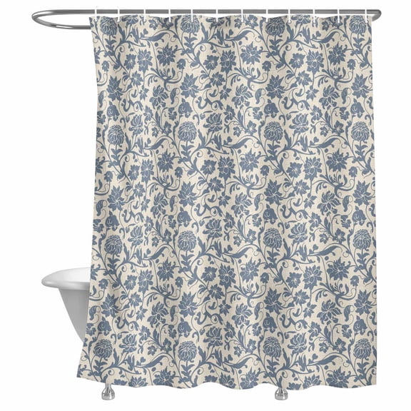 Shower Curtain Vintage Floral Bathroom Curtains with Hooks, Waterproof Fabric Bohemian Blue Flowers Bath Shower Curtains Set for Bathroom Bathtubs Decor 72x72 Inch