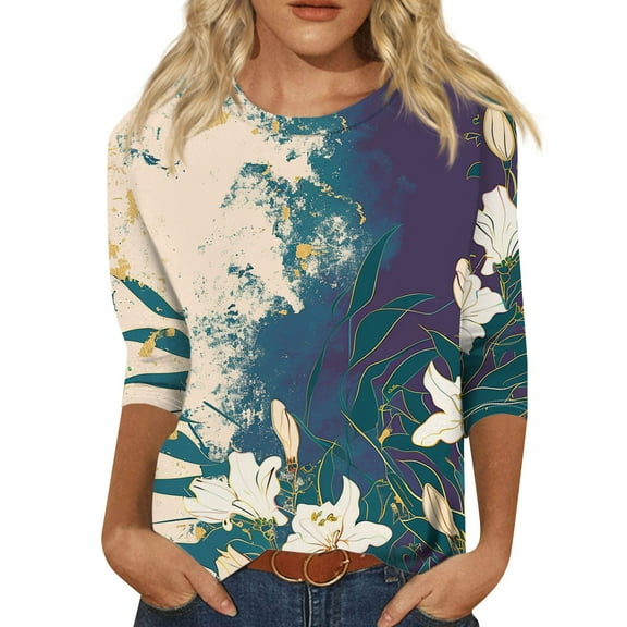 Women's Floral T-Shirt Packable Travel Top Comfy Commuting Wear, Quarter Length Sleeve Tops for Women Loose Blouses Vintage Tees Basic Graphic ​Floral ​3/4 T-Shirts Print Blue 3Xl