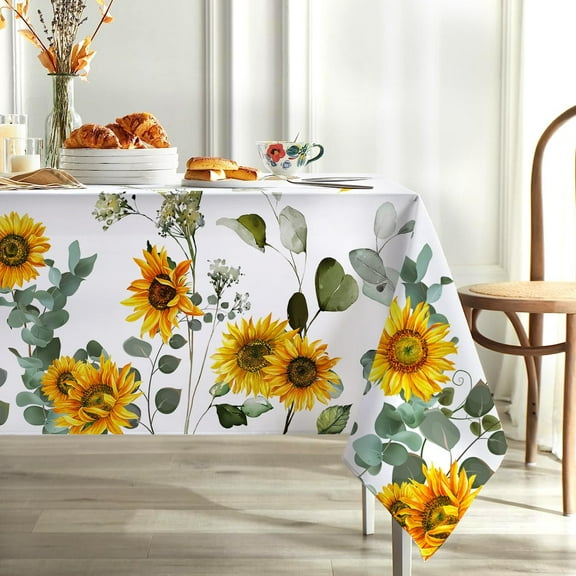 Sunflowers Tablecloth Waterproof Spring Winter Fall Eucalyptus Leaf Tablecloth Rectangle Farmhouse Table Cloth Flowers Stain Resistant Table Covers for Holiday Picnic Party 60"x84"