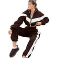 thumbnail image 3 of Women'S 2 Piece Lounge Outfits Zip Up Sweat Set Contrast Striped Wide Leg Jogging Pants Travel Track Suit Brown XL, 3 of 9