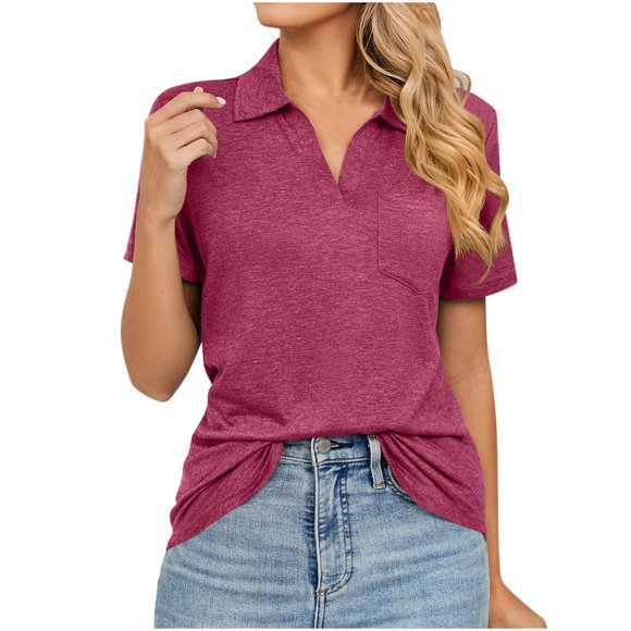 Lovskoo 2024 Summer Tops for Women Loose Blouses Short Sleeve Shirt Trendy Lapel Solid Color T-Shirt Burgundy