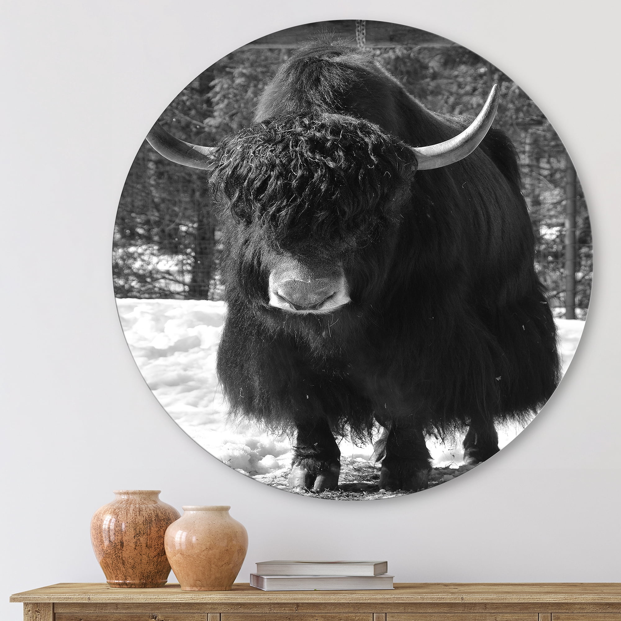 Designart 'Portrait Of Monochrome Wild Bull In Winter Forest I' Farmhouse Circle Metal Wall Art 23x23 - Disc of 23