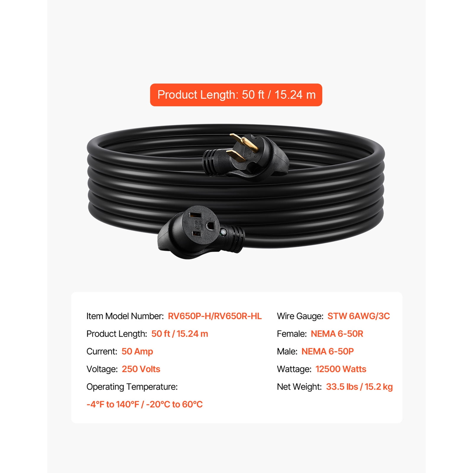 KFFKFF 50-Amp Energy Extension Line, 50 Feet, 250 Volts 12500 Watts Durable Power Cable, NEMA 6-50R NEMA 6-50P SWT 6AWG Versatile Welder Extension Cord, Comes with Storage Bag