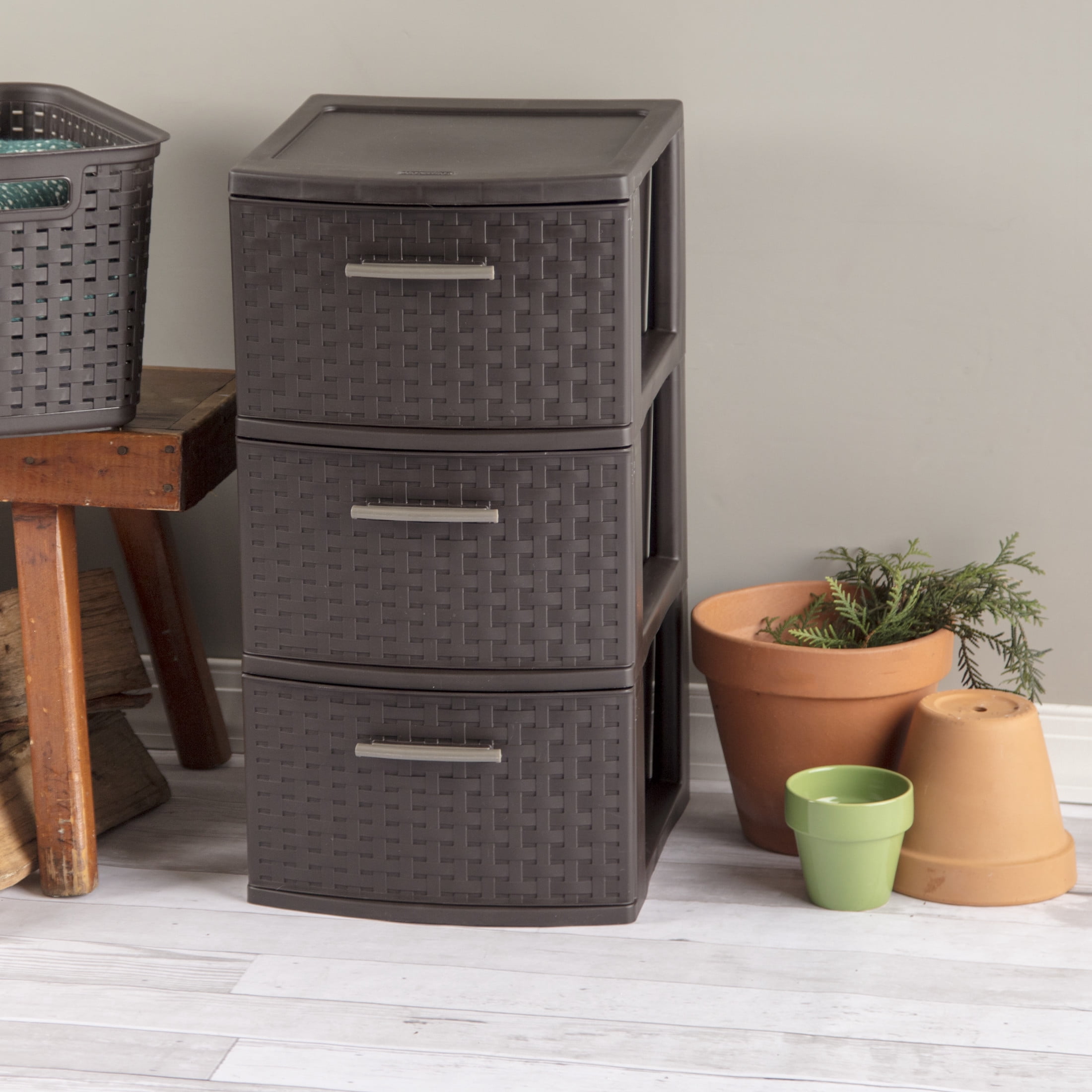 Sterilite 3 Drawer Weave Tower, Plastic Décor Drawers with Pull Handles, Brown