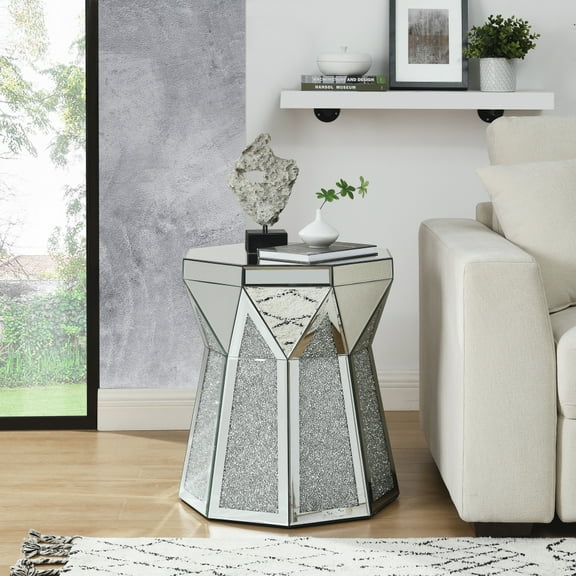 Drum Style Coffee Table with Mirror Crystal Inlay, Polygonal Silver Decorative Table, 20'' Low Coffee Table for Living Room