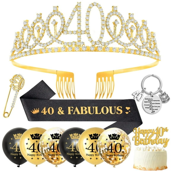 YANSION 40th Birthday Gifts Decorations for Her, Including 40th Happy Birthday Cake Toppers, Birthday Sash with Gold Brooch, Keyring, Rhinestone Tiara Crown and Balloons Set, Black Gold