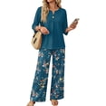 thumbnail image 2 of Vintage Ditsy Floral Print Two Piece Set for Women, 3/4 Sleeve Button Down Top & Wide Leg Pants - Retro Boho Casual Lounge Outfit with Flowy Trousers Navy L, 2 of 7