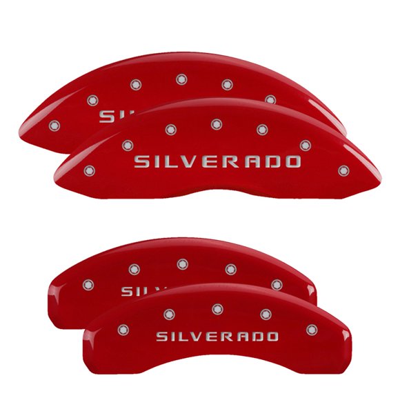 MGP Caliper Cover Caliper Cover 14252SSILRD Set of 4; Silverado Logo; Powder Coated; Red; Aluminum