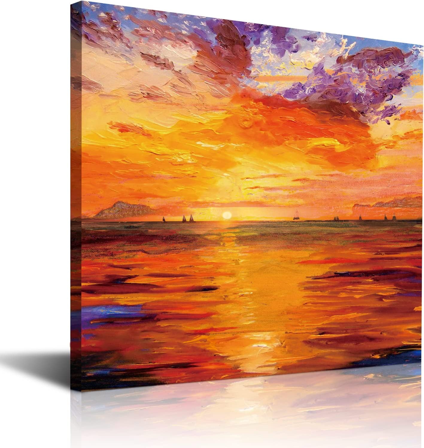 Sunset Beach Canvas Wall Art, Dusk Ocean Golden Seaside Print Picture, 16x16 Inches Modern