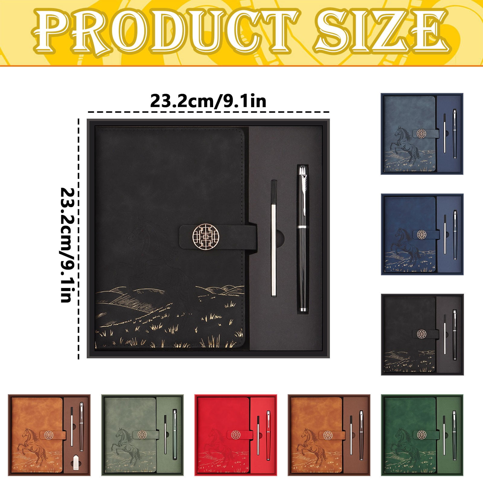 CSSJKYJ A5 Lined Leather Journal Notebook with Pen Set,9x9inch Vintage Hardcover Diary A5 Notebook with Magnetic Closure, Classic Business Gift Box Bag Set for Christmas Birthday(Black）
