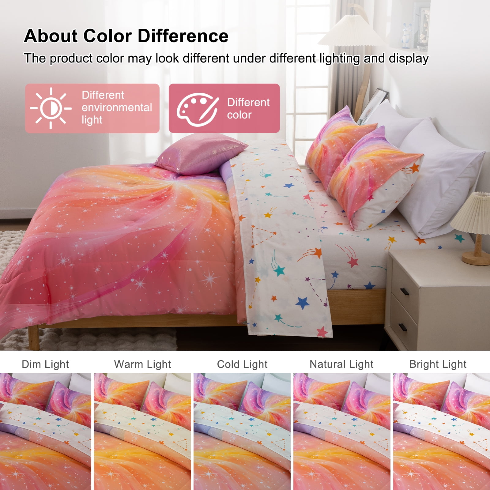 Btargot 6 Piece Twin Kid Comforter Set for Girl Pink Purple Swirl Gradient Glitter Bed-in-a-Bag
