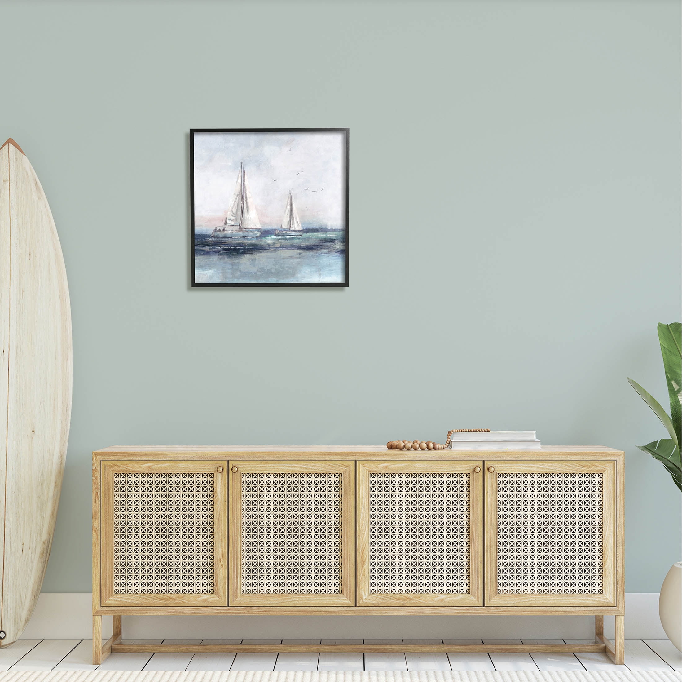 Stupell Industries Birds Surrounding Sailboats Ocean Waves Painting Black Framed Art Print Wall Art, Design by Nina Blue