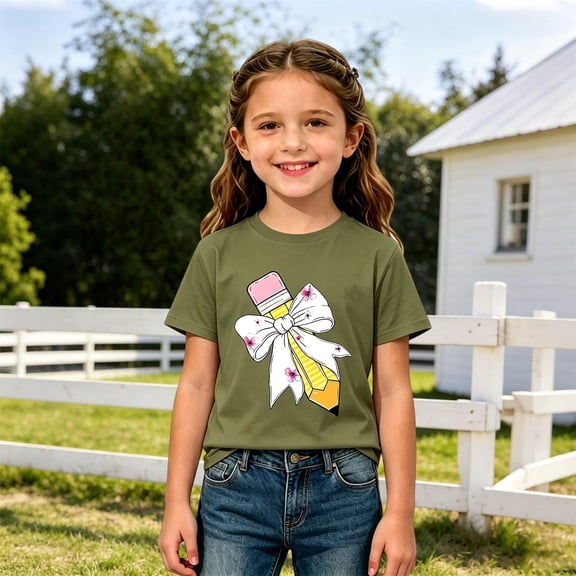 toddler girl 100 Days of School tshirt bow Pencil print short sleeve crewneck leisure Graphic t-shirt