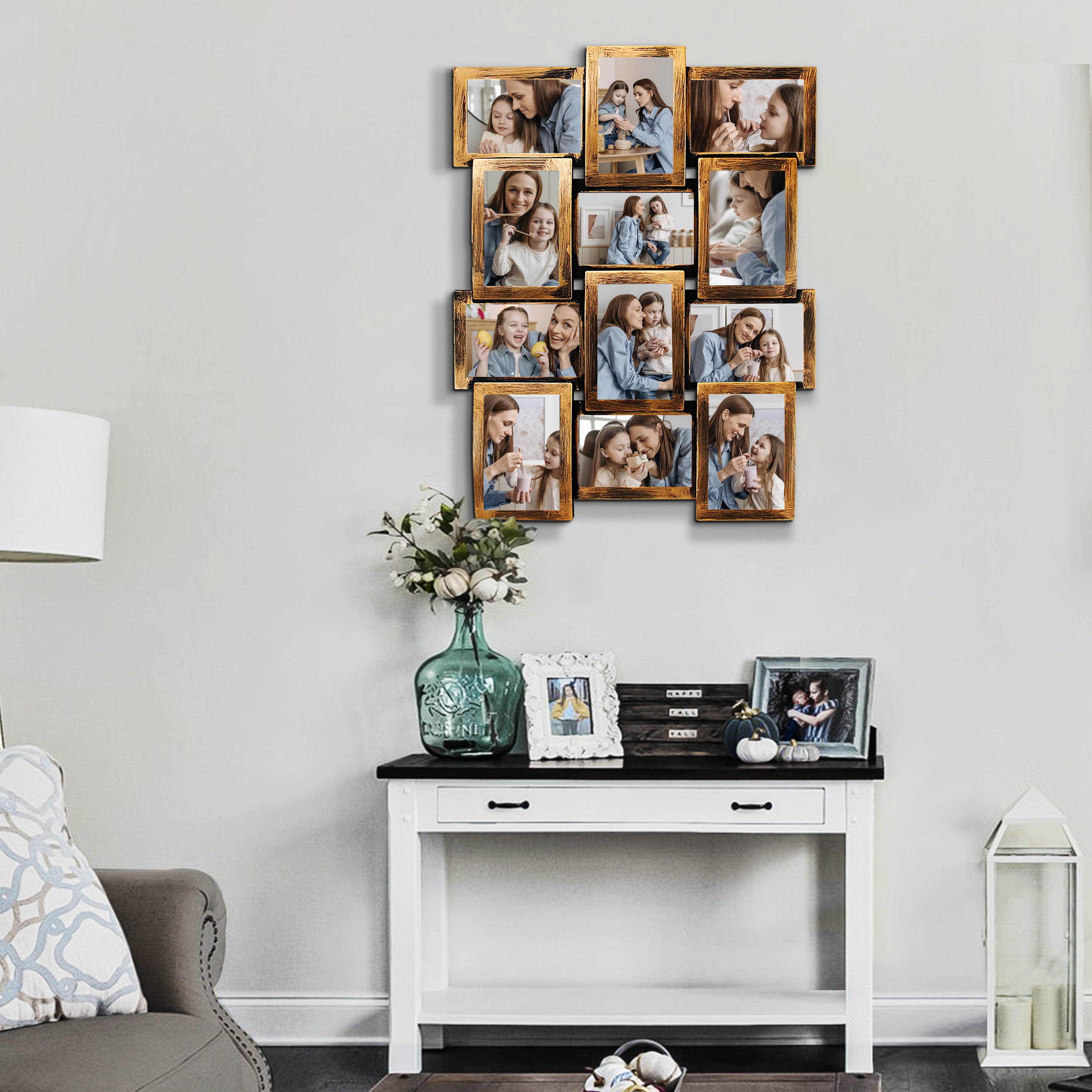 Classic Wall Hanging Picture Frame Collage Gallery Display 12 Opening 6" x 4" Photo 12 Sockets Brown