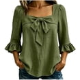 thumbnail image 2 of Guieoi Womens Tops under $10 Womens Bow Long Sleeved Bandage Round Neck Button Top, 2 of 5
