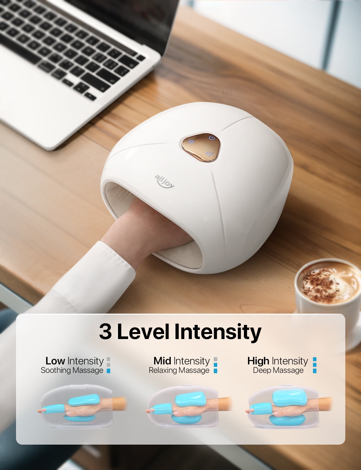 ALLJOY Cordless Hand Massager with Heat, Rechargeable Finger Massager, 3 Compression Levels, Ideal Gift for Loved Ones, White