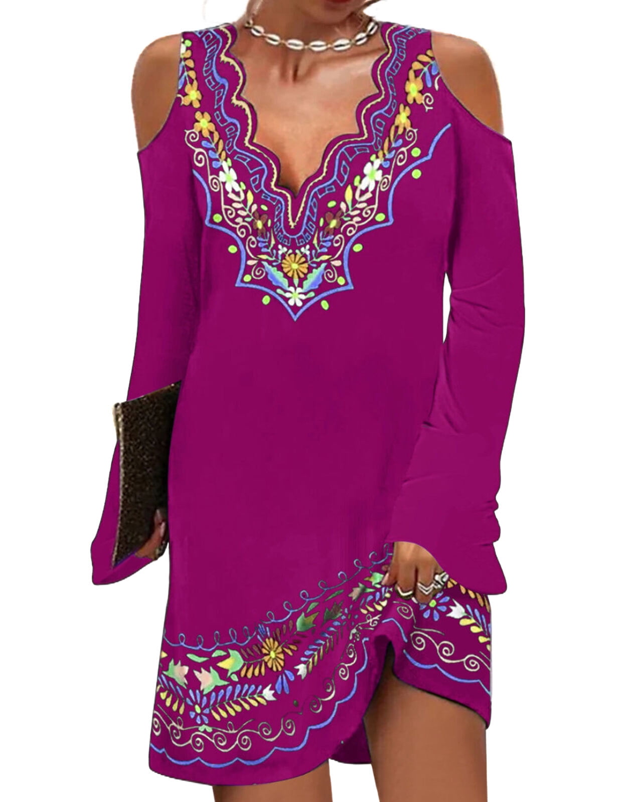 Boho Dresses for Women Ethnic Style Printed VNeck Cold Shoulder Sexy Party Dresses Flowy Long