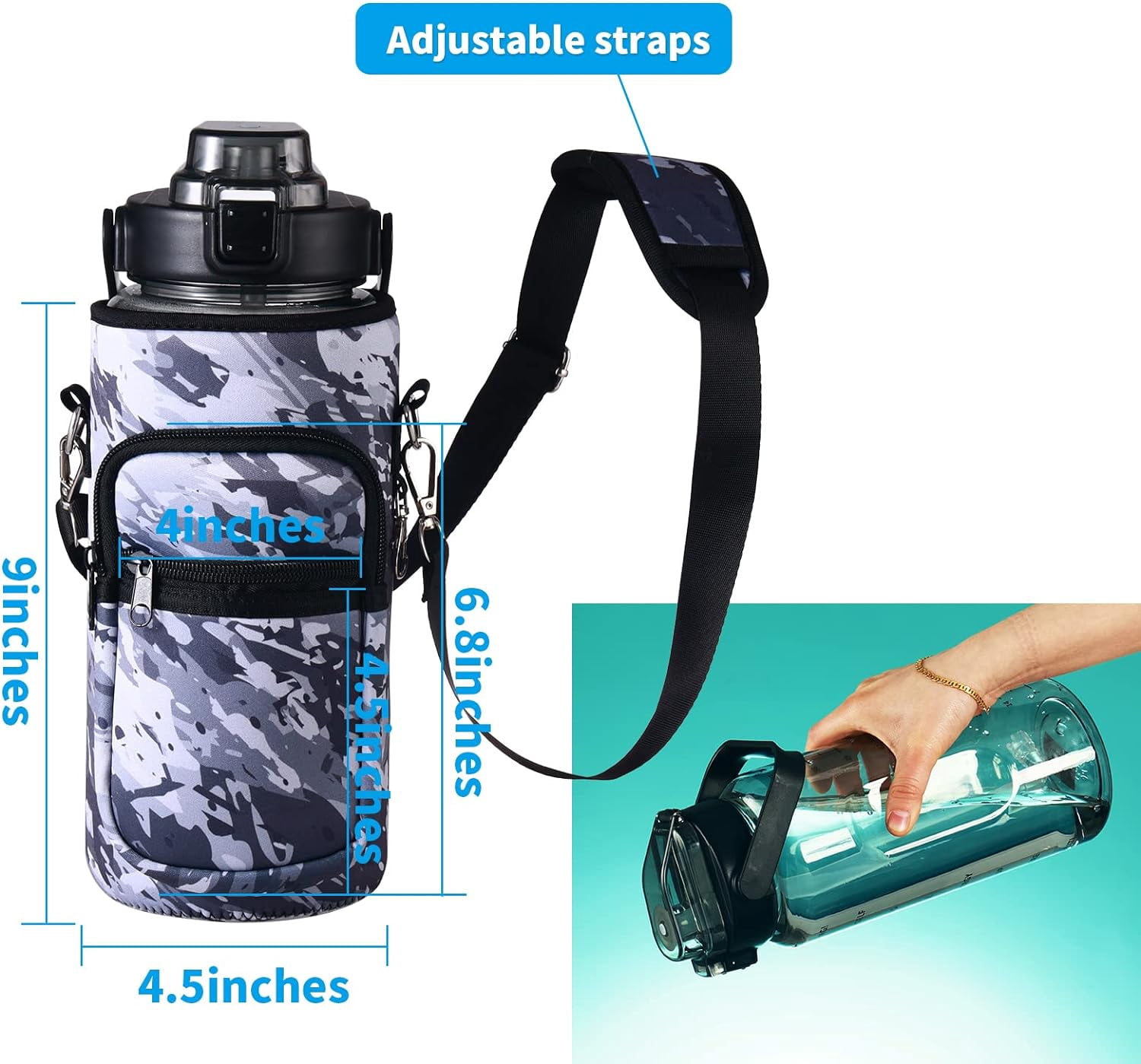 Half Gallon Water Bottle with Sleeve & Strap 64 OZ Motivational Water Bottles with Straw Large Wide Mouth Water Jug with Time Marker for Fitness, Gym and Outdoor Sports, Leak-proof & BPA Free