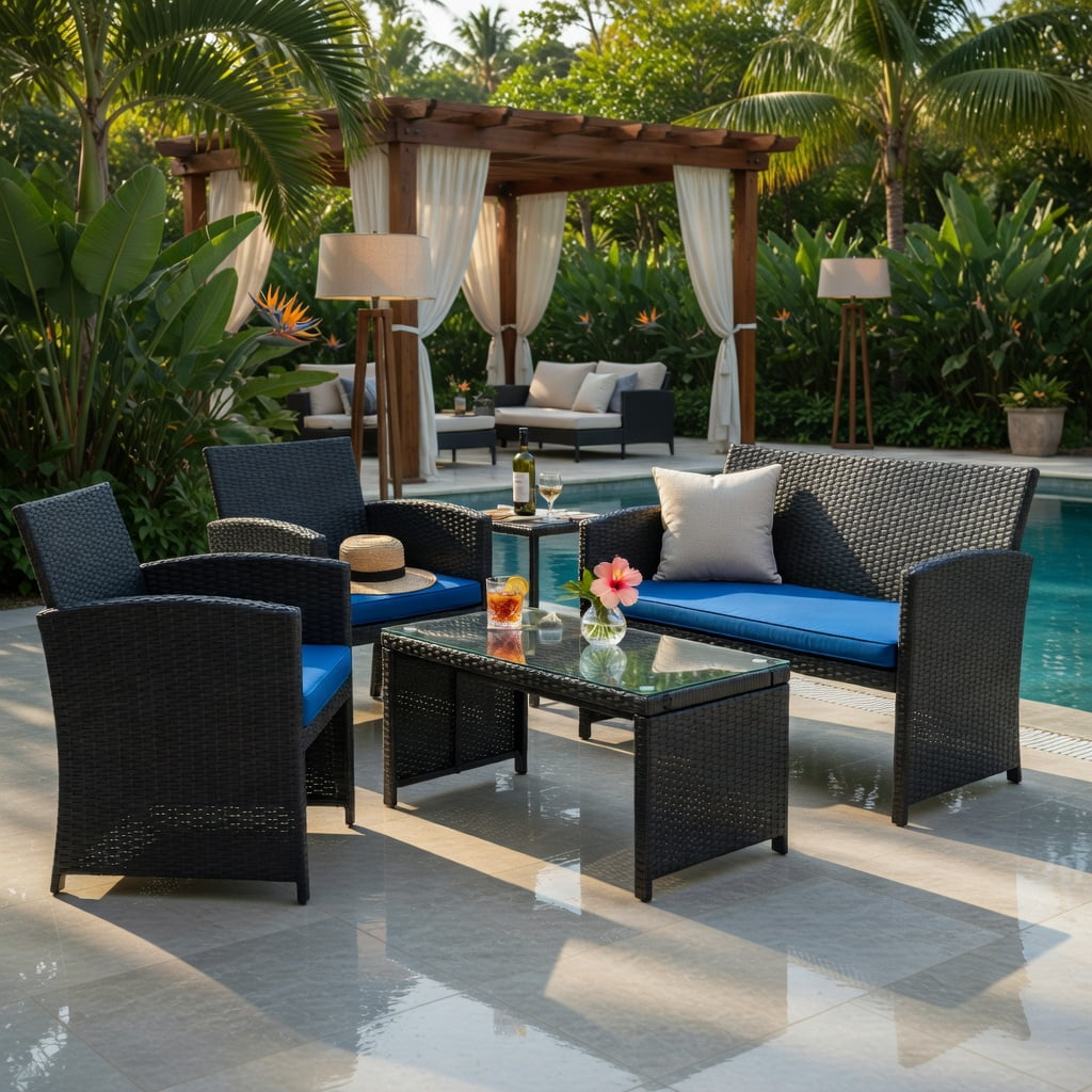 Hommoo 4-Piece PE Rattan Patio Furniture Set with Weatherproof Cushions, Tempered Glass Coffee Table & Heavy-Duty Steel Frame, Navy