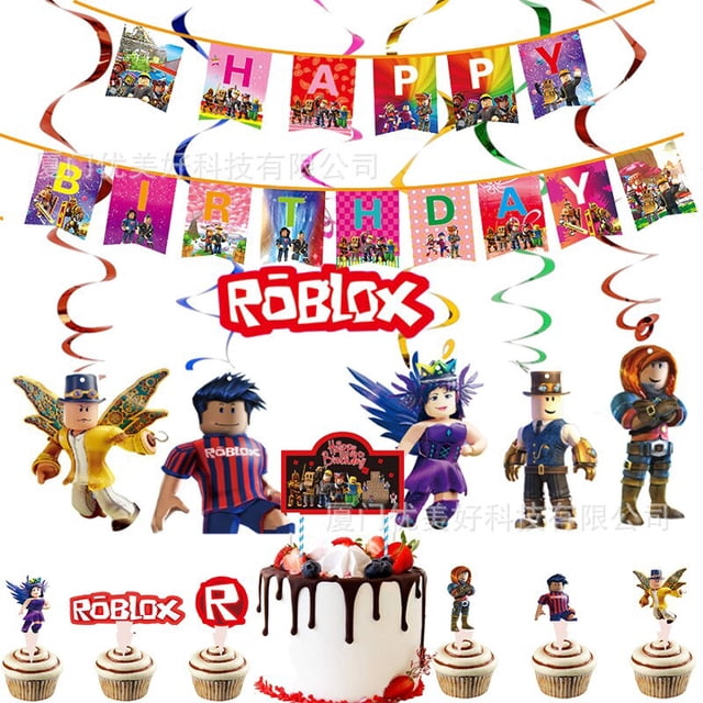 Roblox suministros de decoración de fiesta de juego, tarjeta de inserción de pastel, mundo Virtual, Bandera de tracción de cumpleaños, encanto en espiral