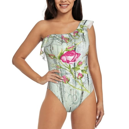 Coaee Vintage Wood Background with Floral Women s One Piece Swimsuits One Shoulder Swimwear Asymmetric Ruffle Monokinis Bathing Suits - Medium