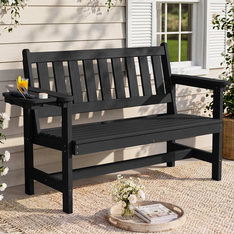 SERWALL 2-Person Outdoor Bench with Side Tray, Black photo 1