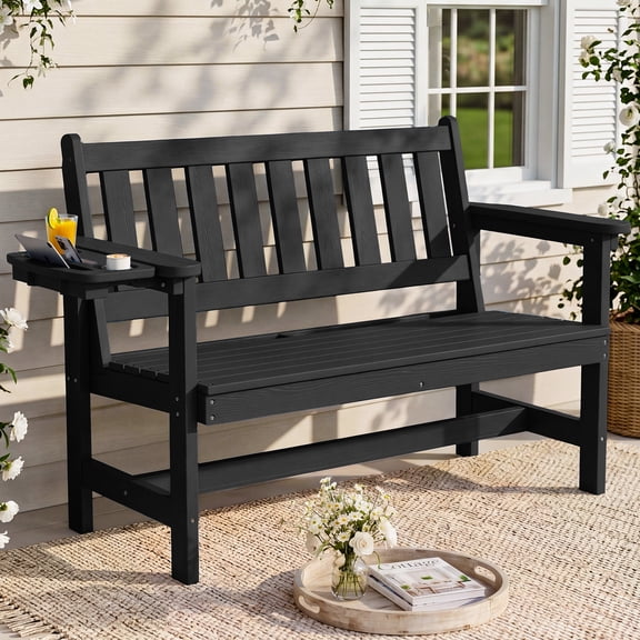 SERWALL 2-Person Outdoor Bench, 49" All-Weather HDPE Garden Bench with 4-in-1 Side Tray, Aluminum-Reinforced Supports, 660 lbs Capacity, for Patio, Porch and Backyard, Black