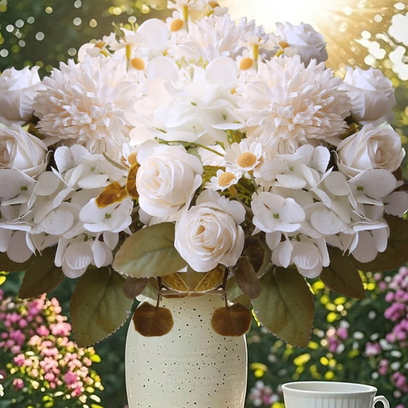 Ramo de flores artificiales de 7 ramas, hortensias, rosas y manzanilla, flores falsas para decoración del hogar, aspecto realista para jarrones, centros de mesa, decoración de bodas y fiestas.