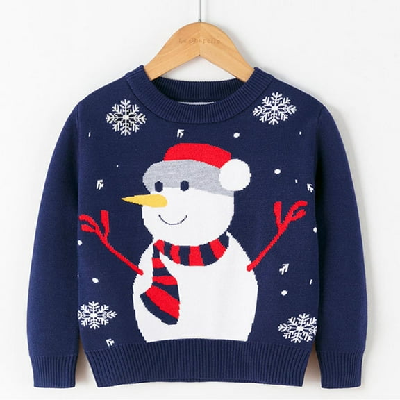 Bnwani Christmas Sweaters for Girl Winter Knitted Cotton Crew Neck Snowman Sweater Blue