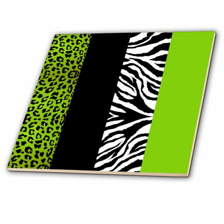 Leopard Tile - 3dRose Lime Green Black and White Animal Print - Leopard and Zebra - Ceramic Tile, 4-inch