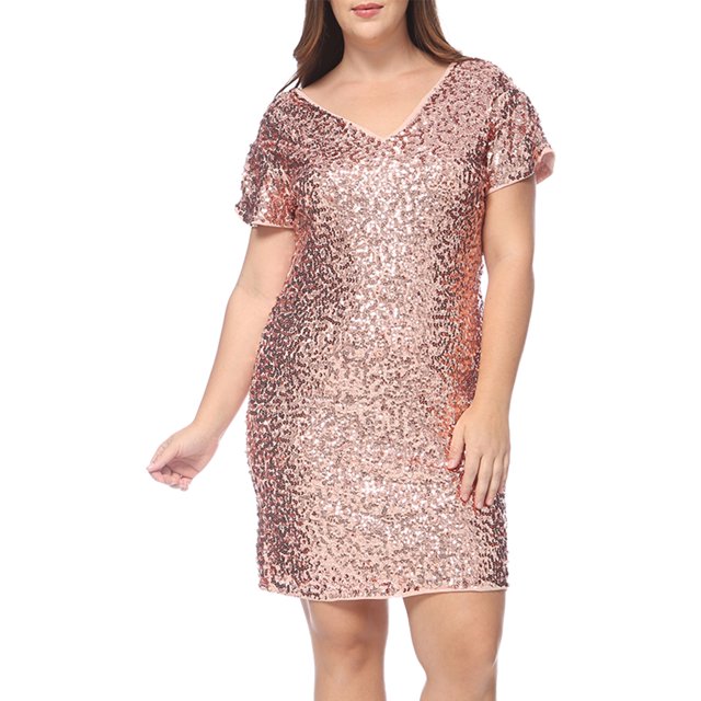 Glitter Sparkly Women's Plus Size VNeck Dress, Ruched Short Sleeve