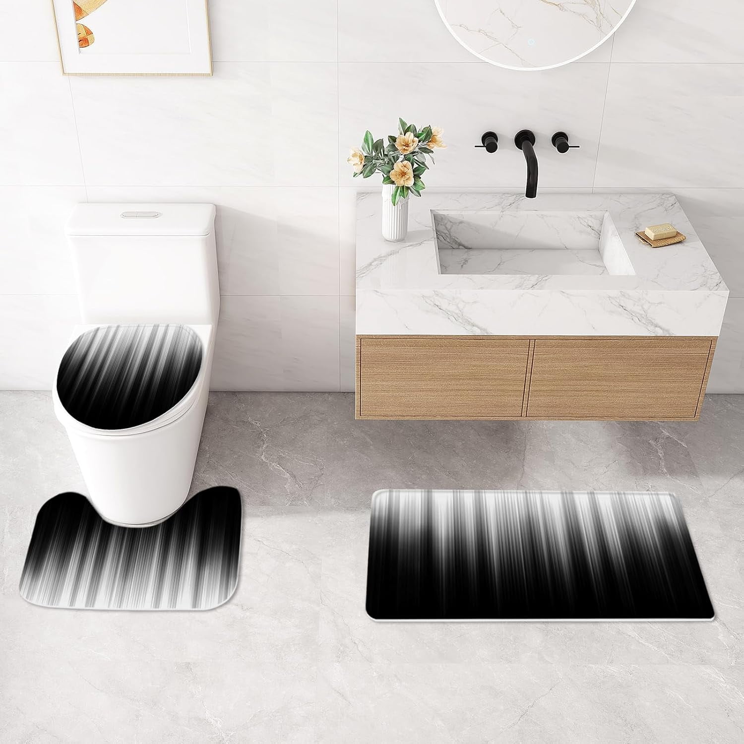 Red and Black Gradient Shower Curtain Set with Rugs and Toilet Lid Cover, Modern Simple Waterproof Fabric Bathroom Set, Ombre Stripe Gothic Abstract Bathroom Decor Set Accessories