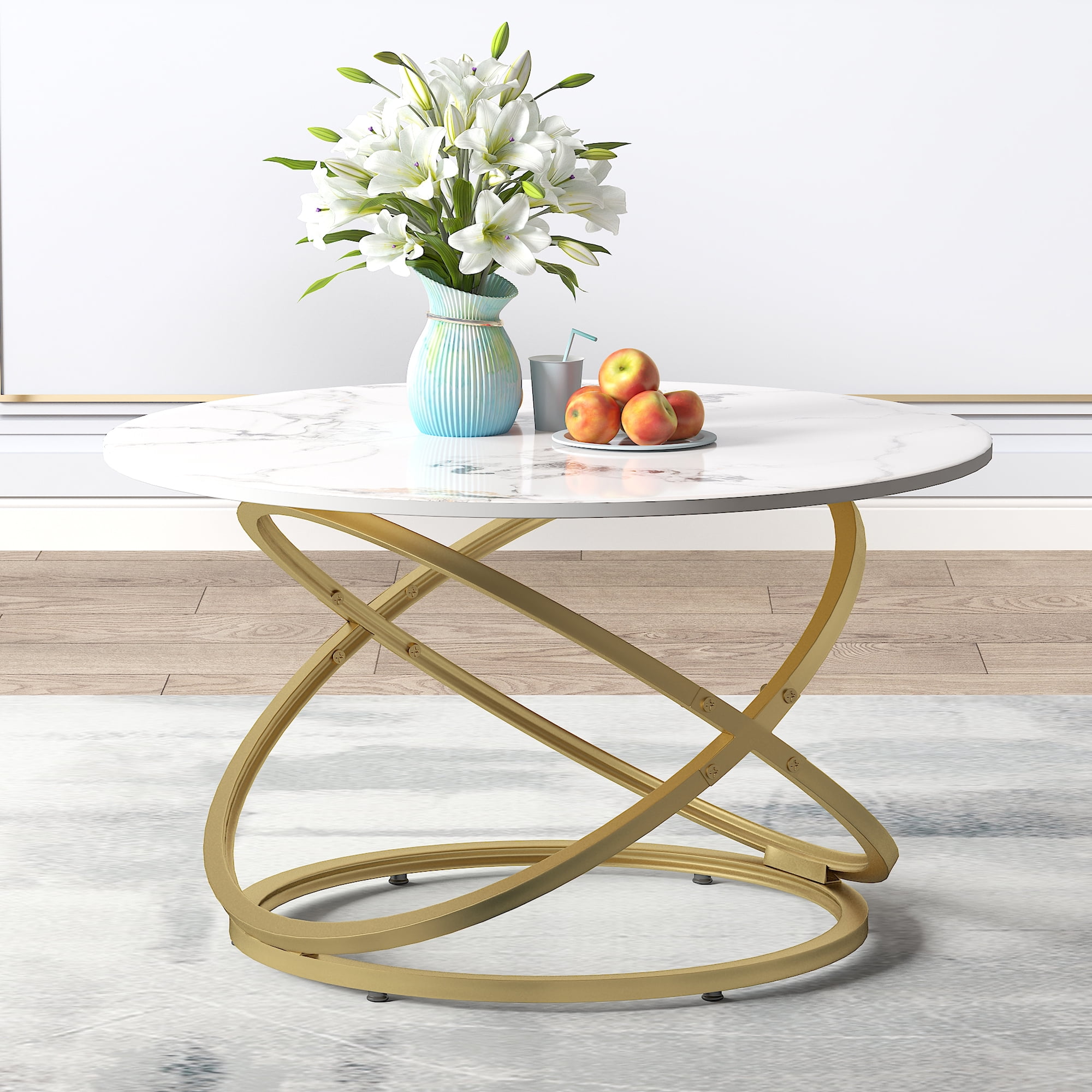 ASYA Modern White Coffee Table, 32'' Round Metal Center