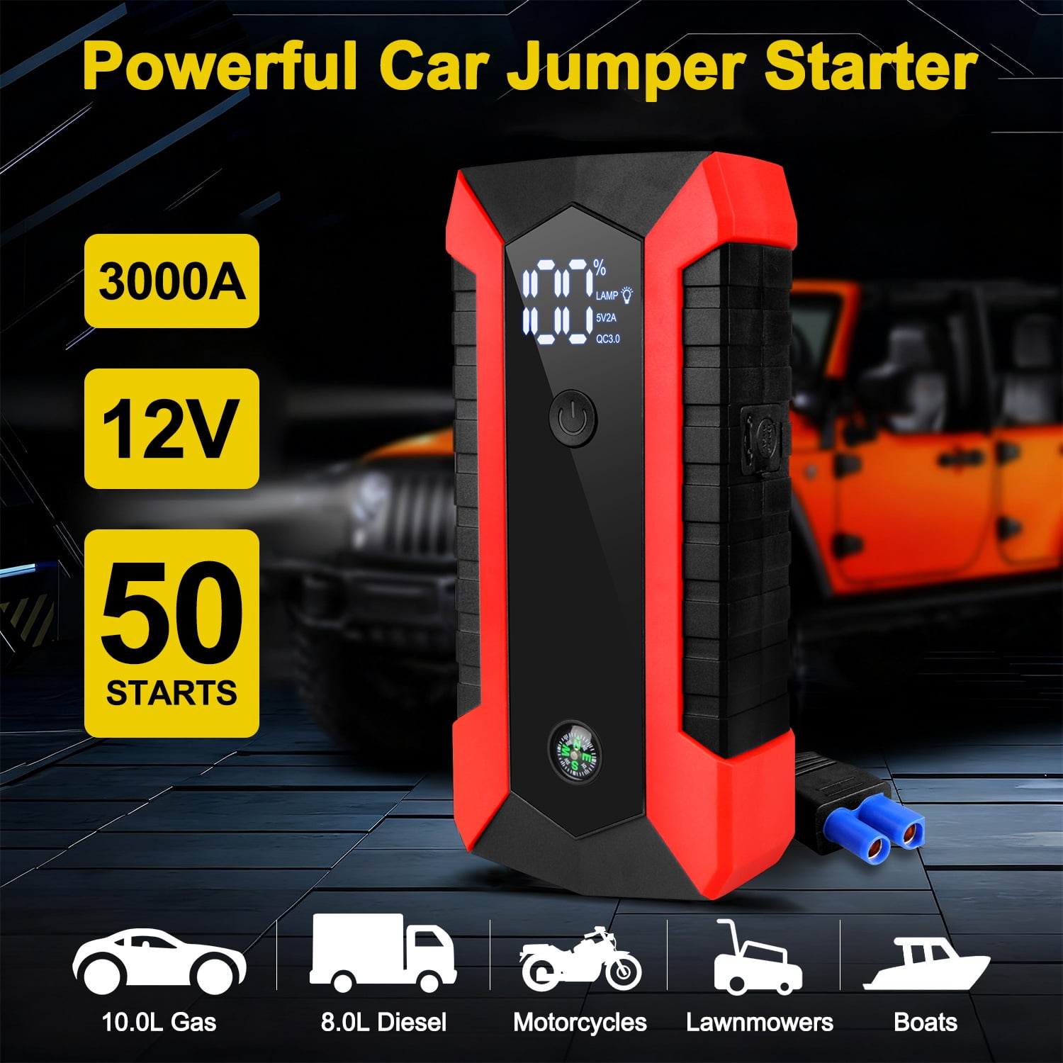 Zacenei Car Jump Starter,3000A Peak Automotive Battery Charger 20000mAh Power Bank Power Pack(Start 9L Gas Engine or up to 7L Diesel Engine), with 3 Modes Flashlight,12V Car Jumper Portable Jump Box