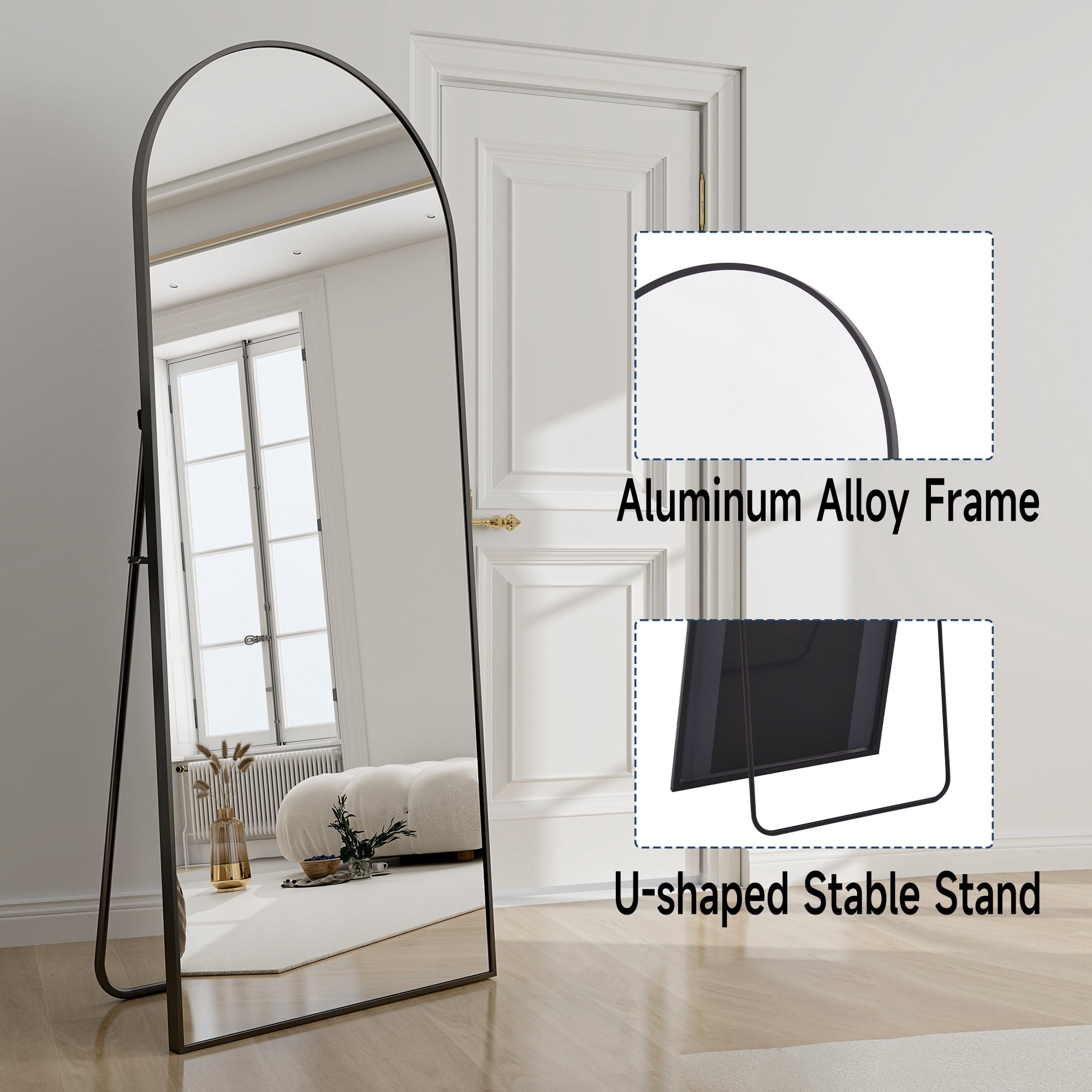 Anyrose 24"x65" Full Length Mirror with Arch-Top Standing Mirror Wall Mounted, Black