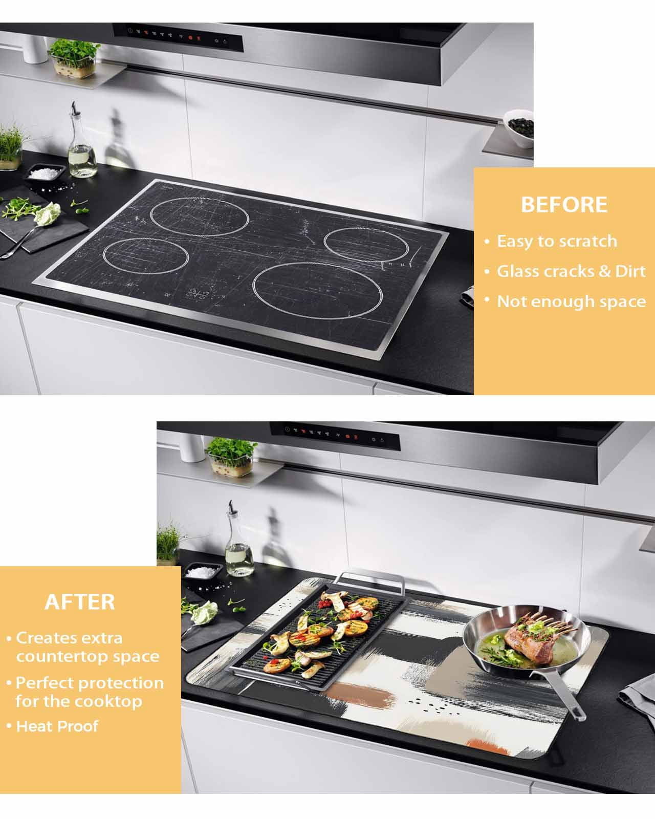 nqOlkjepod Large Induction Cooktop Protector Mat 24"x21", Black Khaki Stove Top Covers for Electric Stove, Geometric Abstract Retro Art Aesthetic Stove Burner Cover Mats, Glass Top Stove Cover
