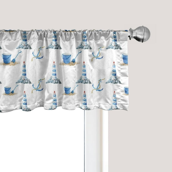 Ambesonne Lighthouse Window Valance, Hand Drawn Beach, 54" X 12", Blue White
