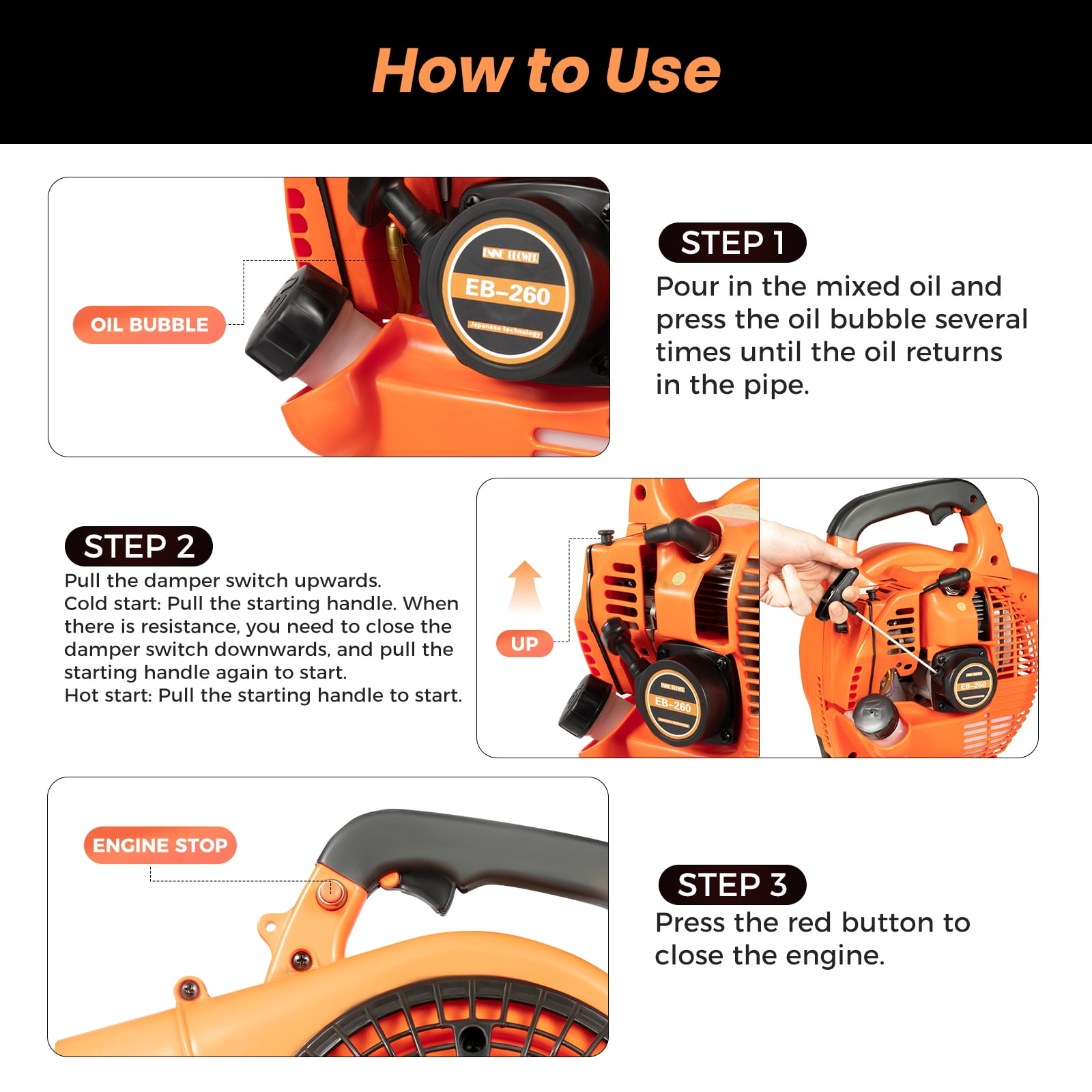 25.4CC 2-Stroke Gas Powered Leaf Blower with Reinforced Handle, Low Noise, 7000Rpm, Handheld Grass Blower for Snow Removal