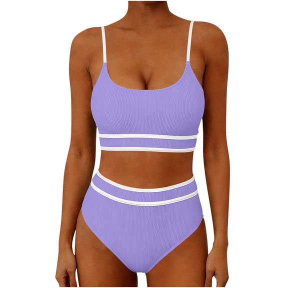Aimik Two Piece Swimsuit for Women Contrast Trim Ribbed Scoop Neck Bikini Set with High Cut Cheeky Bottom