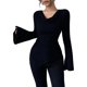thumbnail image 3 of Camisetas de Punto Acanalado con Cuello Vuelto y Larga para Mujer, Tops Ajustados Fruncidos para Salir, Camisetas Básicas para Otoño Negro L, 3 of 8
